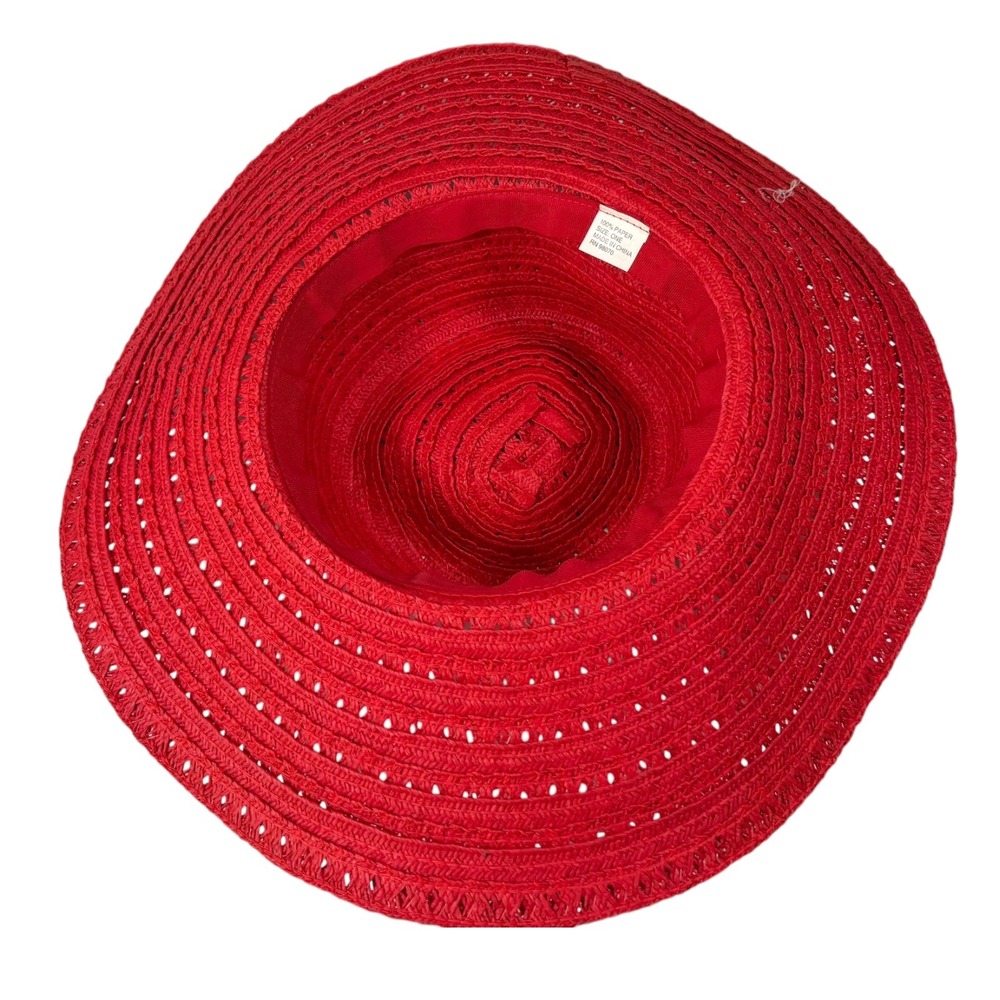 Red Straw Sun Hat Wide Brim Perforated Summer Beach Vacation Retro - Picture 5 of 5